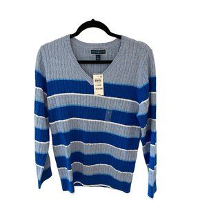 NWT Karen Scott Gianna Cotton Striped Cable V-Neck Sweater, Large  Blue